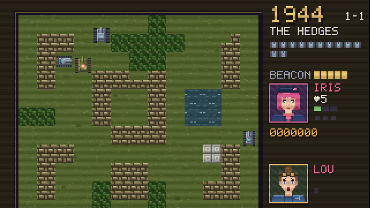 Bloomtread gameplay: a small tank among brick walls and hedges, with the crew portraits of Iris and Lou in the side panel