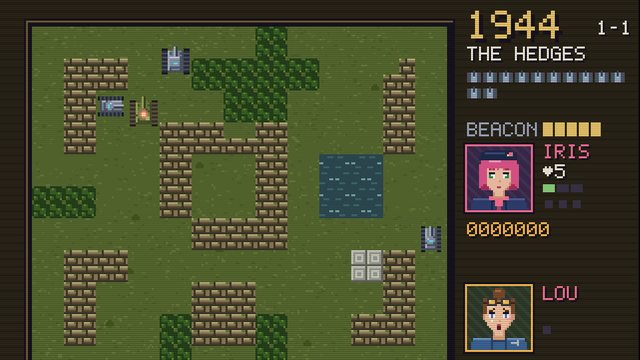 Bloomtread gameplay: a small tank among brick walls and hedges, with the crew portraits of Iris and Lou in the side panel