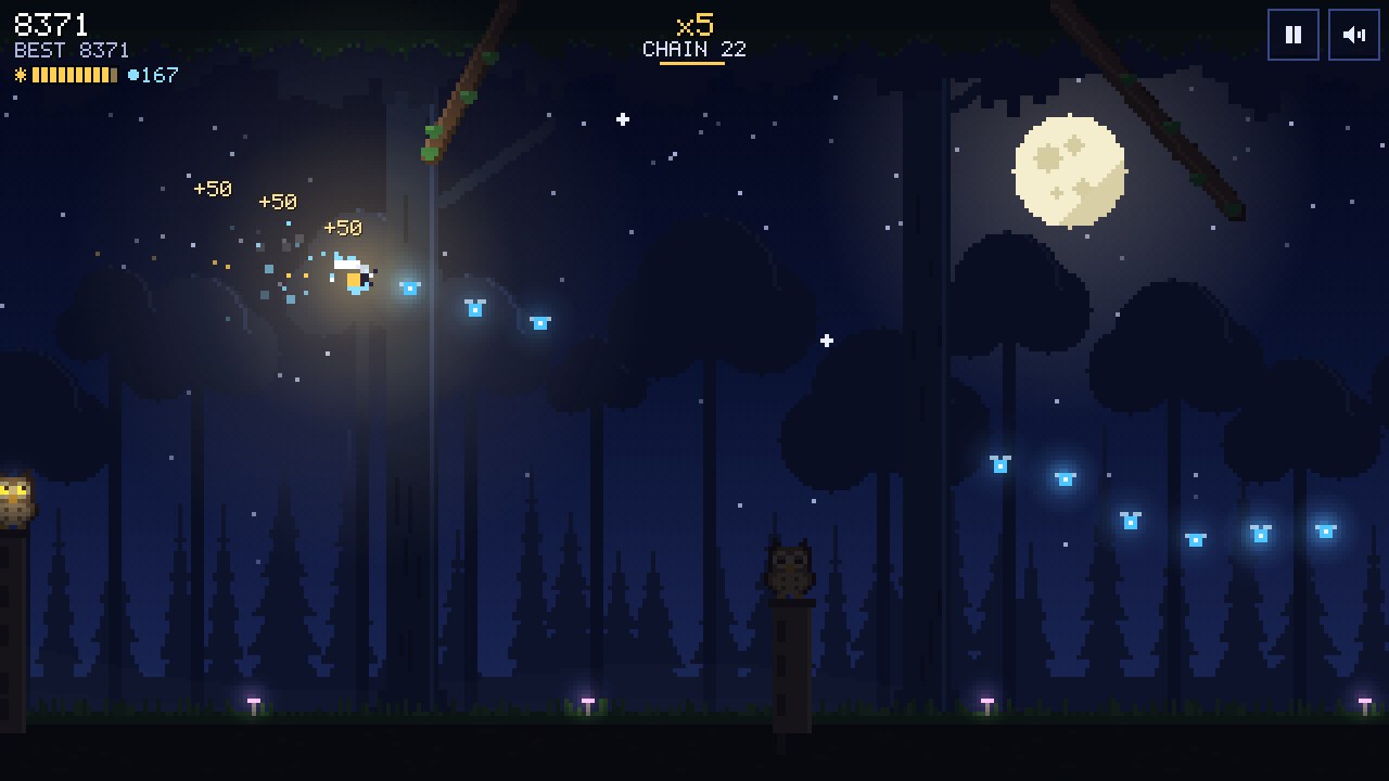 Firefly Drift gameplay: a glowing firefly lights up a dark pixel forest under a full moon, with a trail of blue fireflies, owls on old stumps and a x5 combo