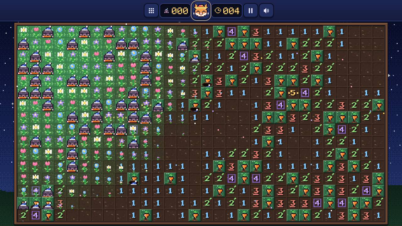 Mole Meadow gameplay: a solved field bursting into flowers, sleepy moles in nightcaps, carrot markers and number clues, with Basil the gardener cat at the top