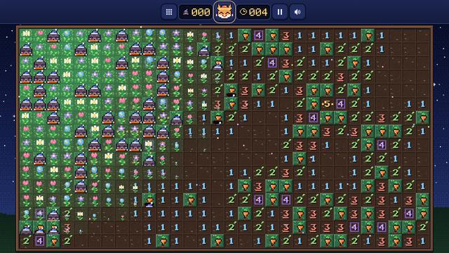 Mole Meadow gameplay: a solved field bursting into flowers, sleepy moles in nightcaps, carrot markers and number clues, with Basil the gardener cat at the top