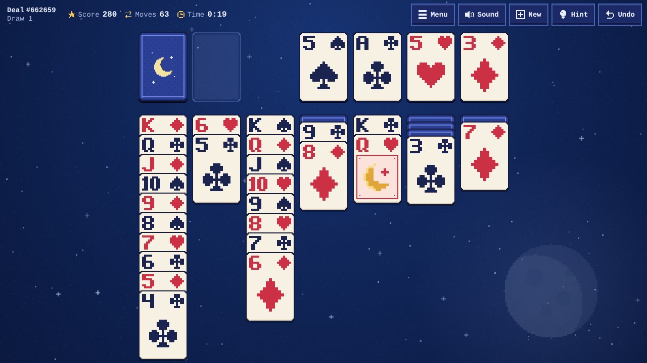 Moonlit Solitaire gameplay: crisp pixel-art playing cards in seven columns on a night-blue table, with a faint moon in the corner