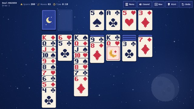 Moonlit Solitaire gameplay: crisp pixel-art playing cards in seven columns on a night-blue table, with a faint moon in the corner