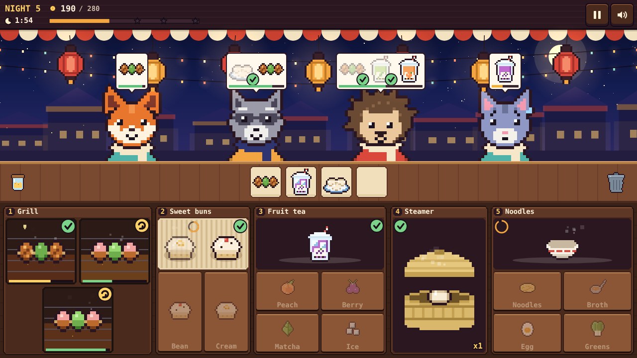 Night Market gameplay: a fox, a raccoon, a hedgehog and a cat wait with order bubbles at a lantern-lit food stall, above a grill of skewers, a tea station, a bamboo steamer and a noodle bowl