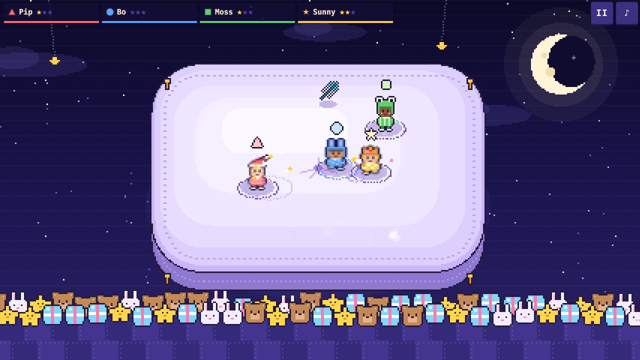 Pillow Fort Brawl gameplay: four pixel kids in pajamas bump each other on a giant lavender pillow under a crescent moon, above a pile of plush toys