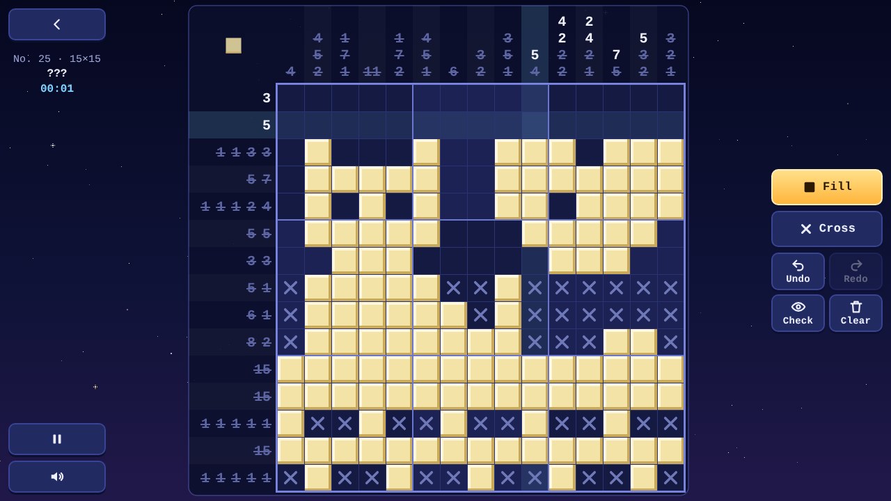 Starlight Grids gameplay: a 15 by 15 puzzle grid with number clues, half filled with gold cells that start to show a cat sitting on a roof
